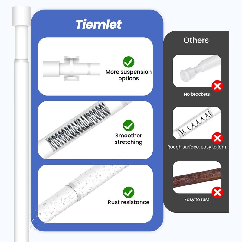 Tiemlet White Spring Tension Rod, 24 to 48 Inch Adjustable Tension Rod, No-Drill Easy Installation Rust-Resistant Spring rod, Suitable for Closets Rod, Shoe Cabinets - Image 4